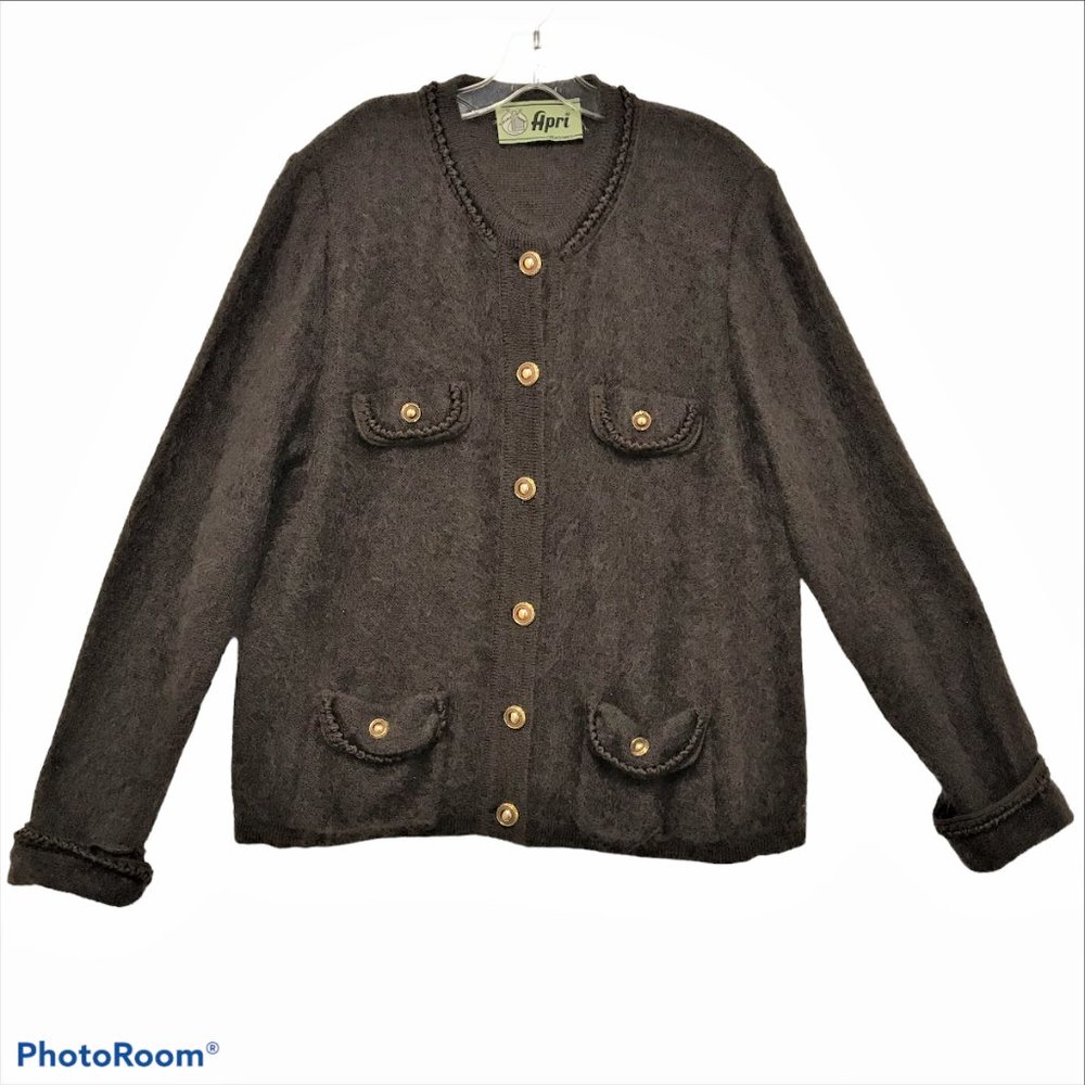 VTG APRI Womens XL Brown Mohair & Wool Cardigan Sweater Gold Buttons Old Money